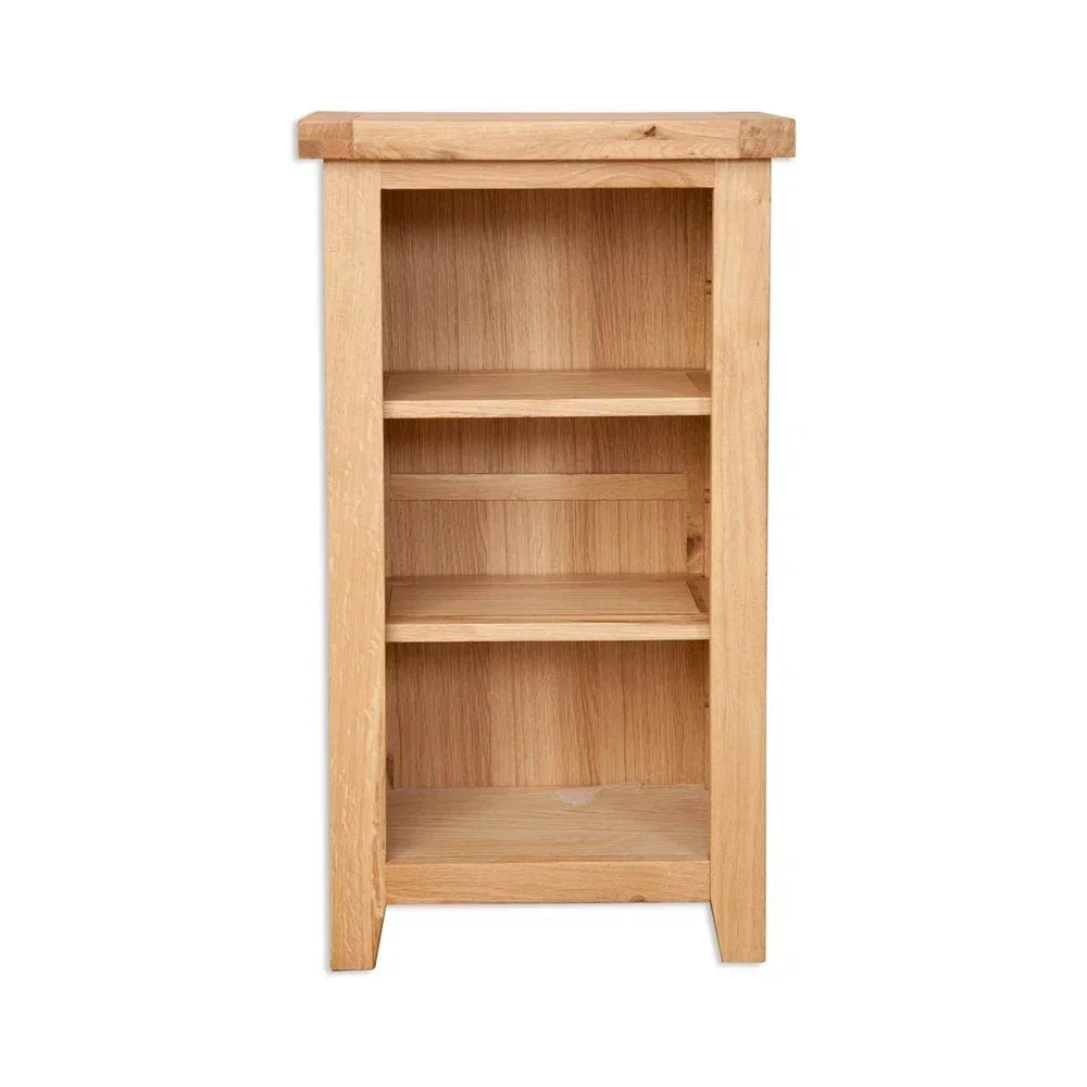 Oak bookcase with three shelves and natural wood finish, front view