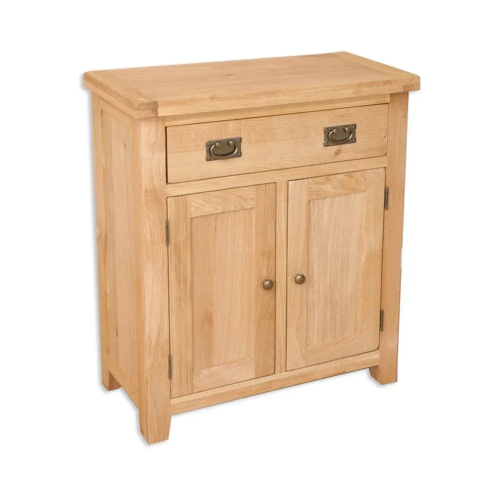 Oak sideboard with two-door cabinet and single upper drawer, metal handles, light wood finish