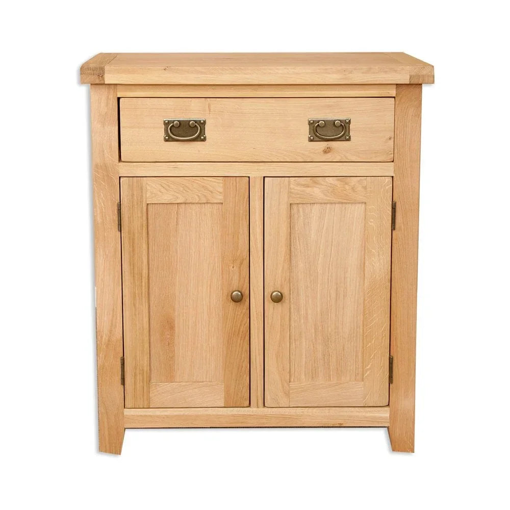 Oak sideboard cabinet with drawer and two doors, brass handles, front view