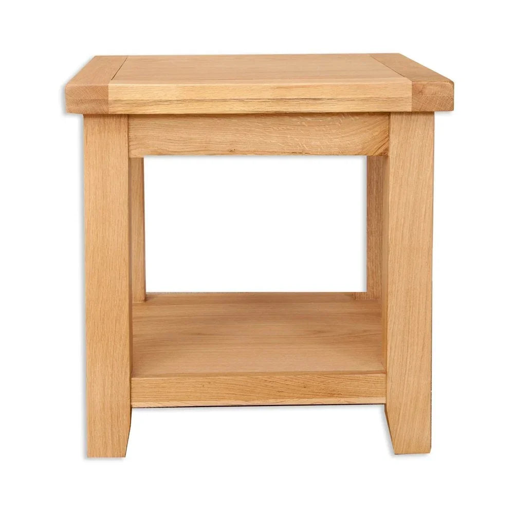Oak side table with lower shelf and straight legs, front view