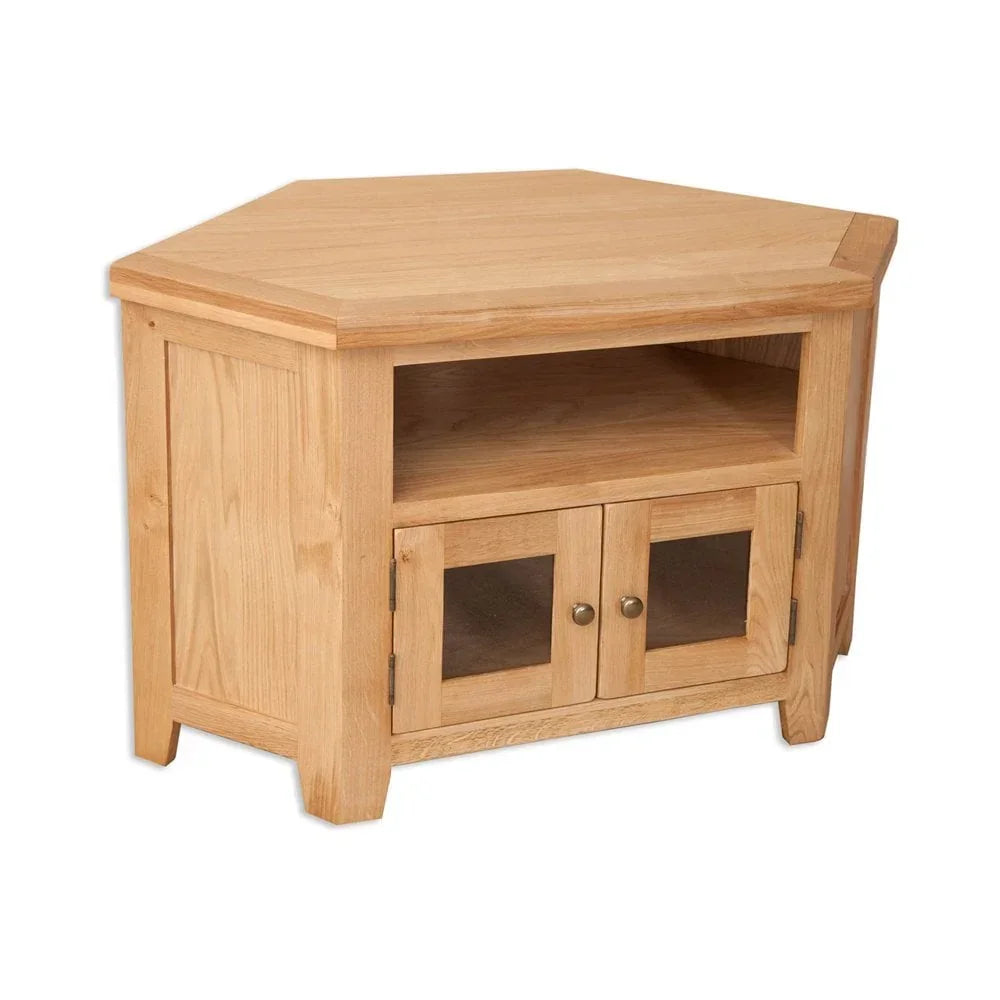 Oak corner TV unit with glass cabinet doors and open shelf on white background