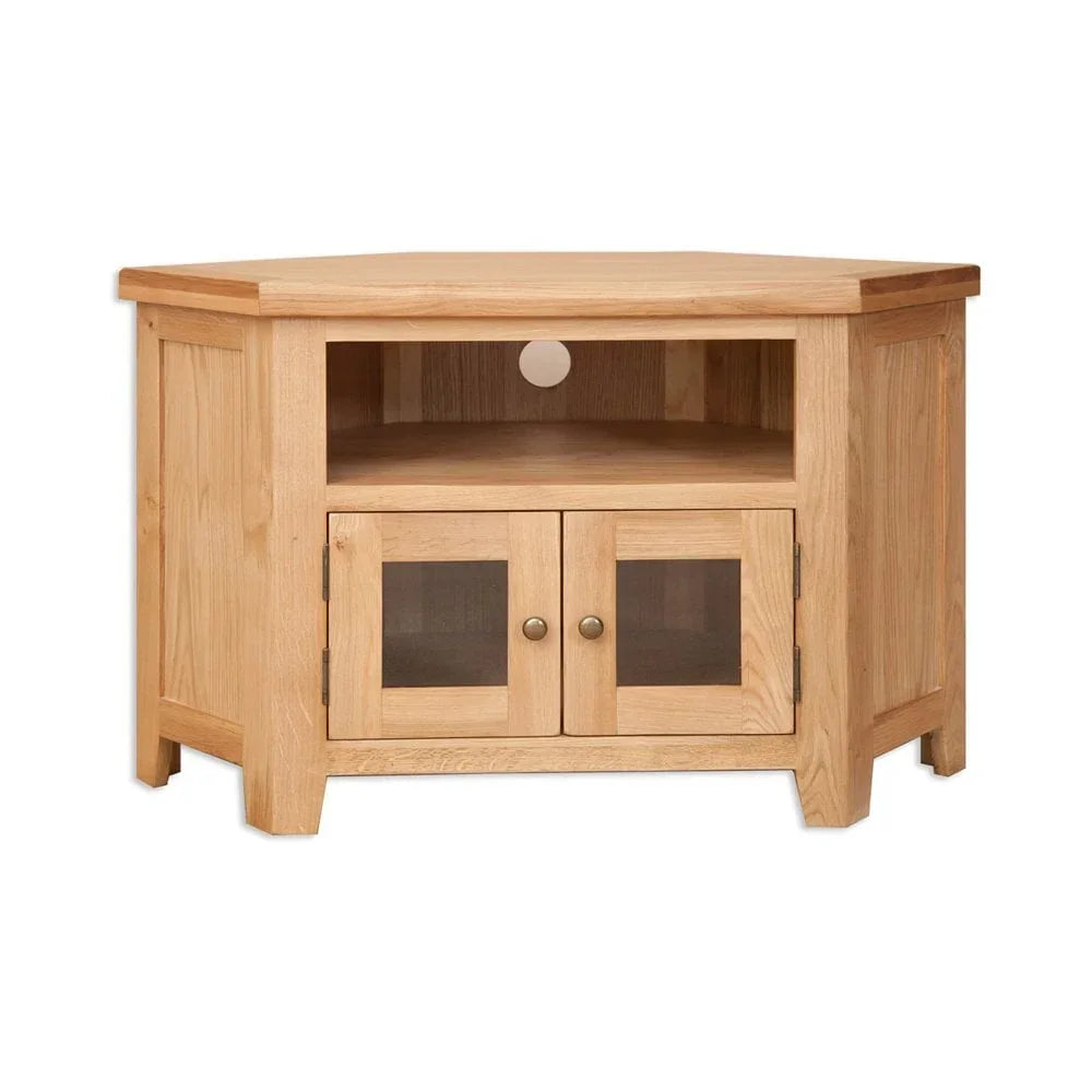 Oak corner TV unit with glass panel doors, open shelf and cable access hole