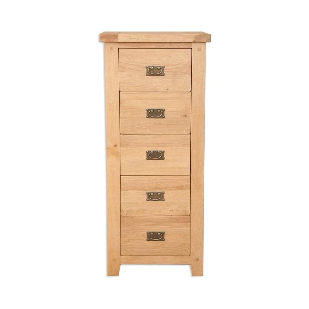 Tall oak chest of drawers with five drawers and metal handles