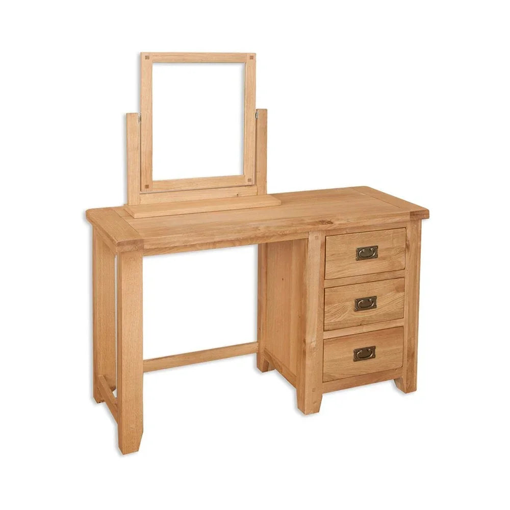Oak dressing table with three drawers and square mirror