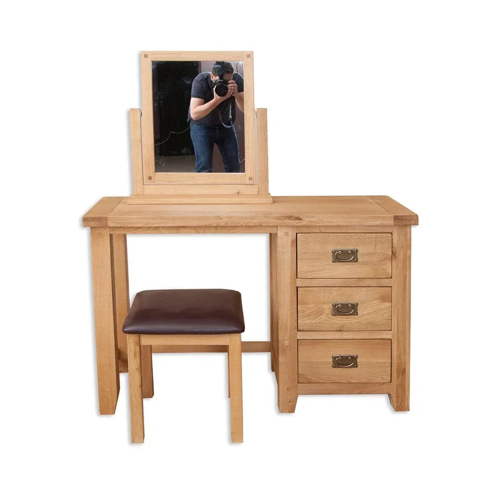Oak dressing table with three drawers, square mirror and padded stool