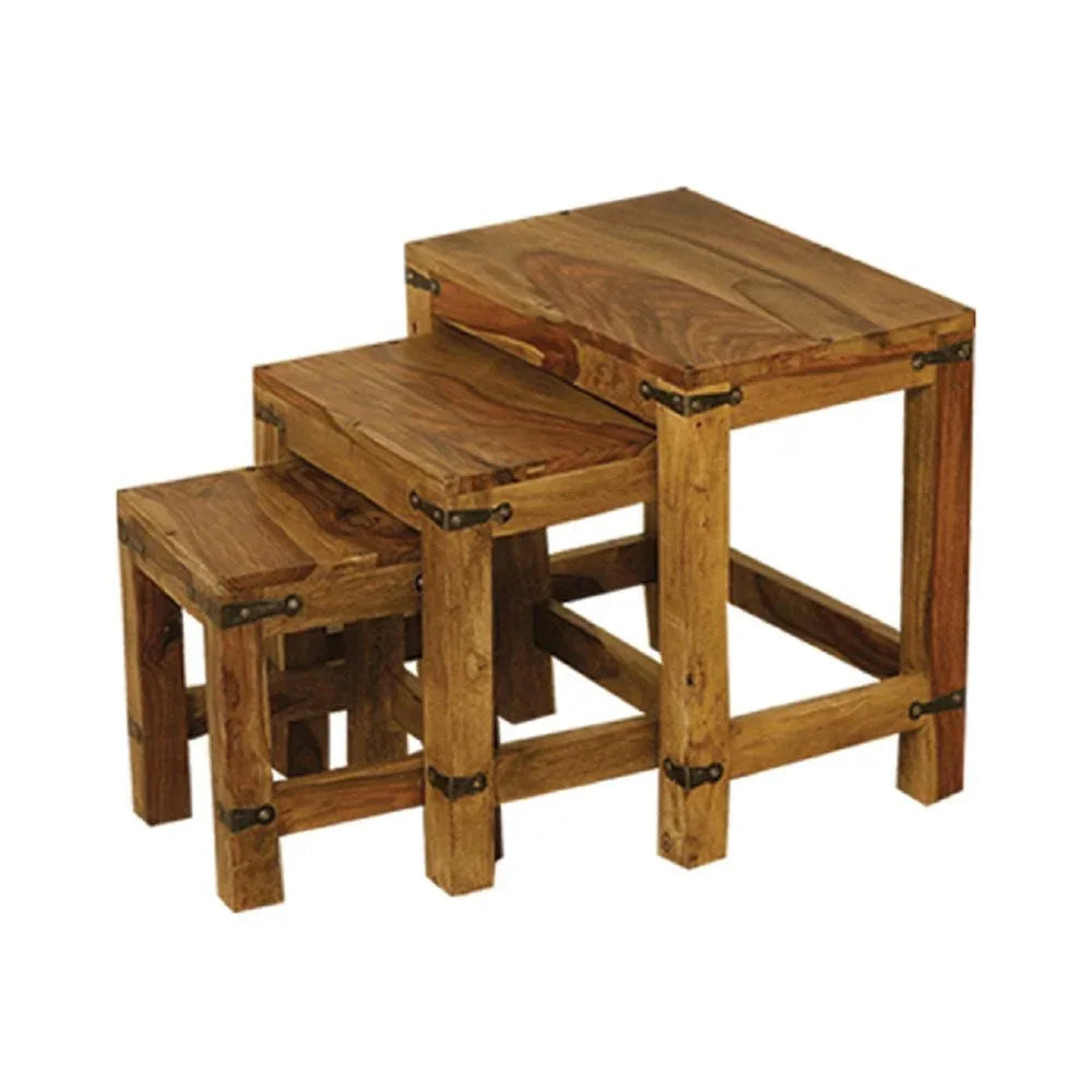 Solid wood nest of tables with visible metal brackets shown stacked together