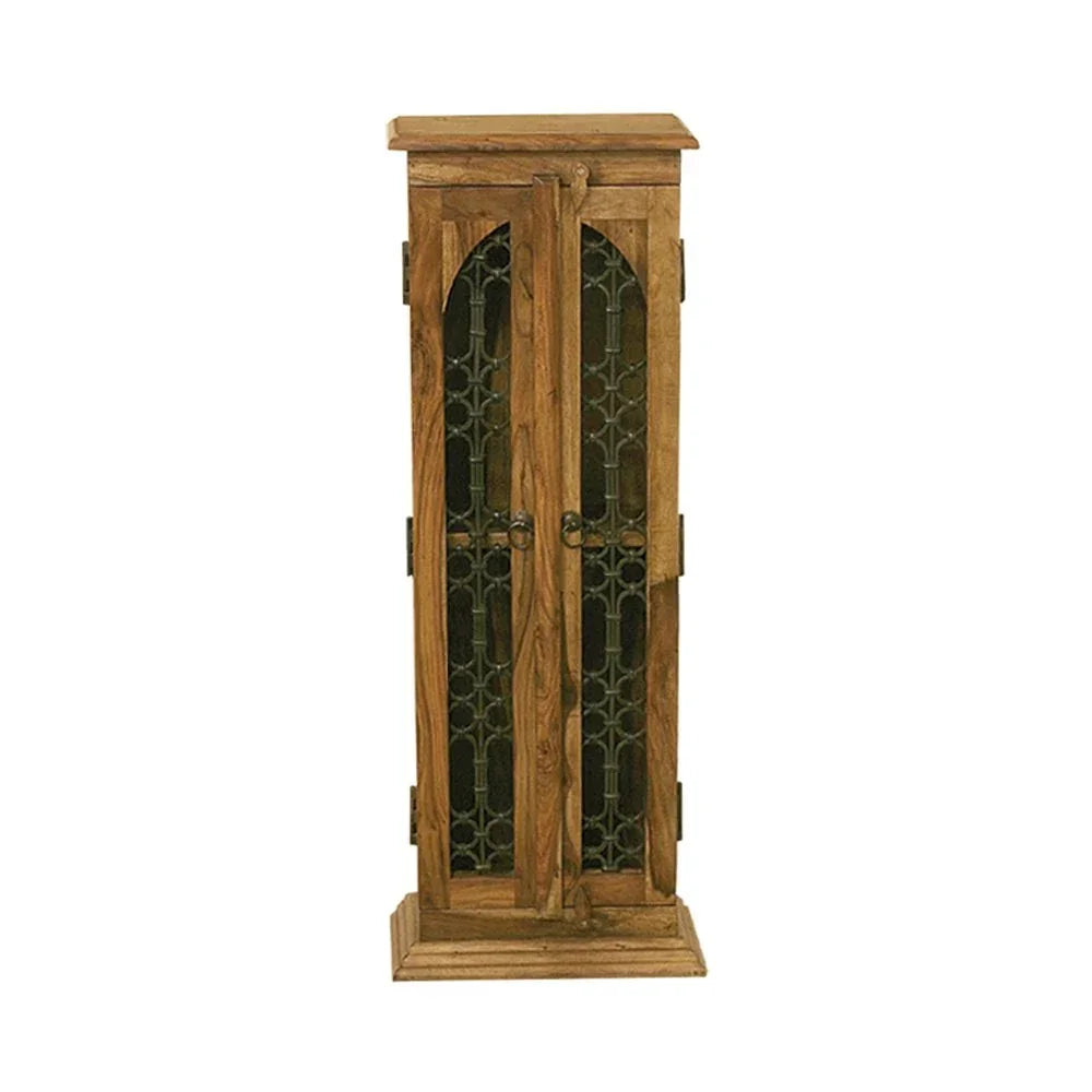 Tall wooden cabinet with decorative metal panel doors, vintage storage furniture front view