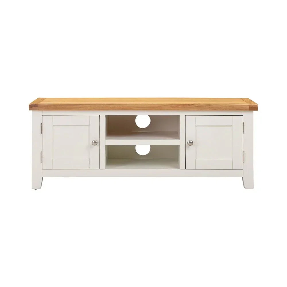 White wooden TV unit with oak top, two cabinets and open shelves for media storage