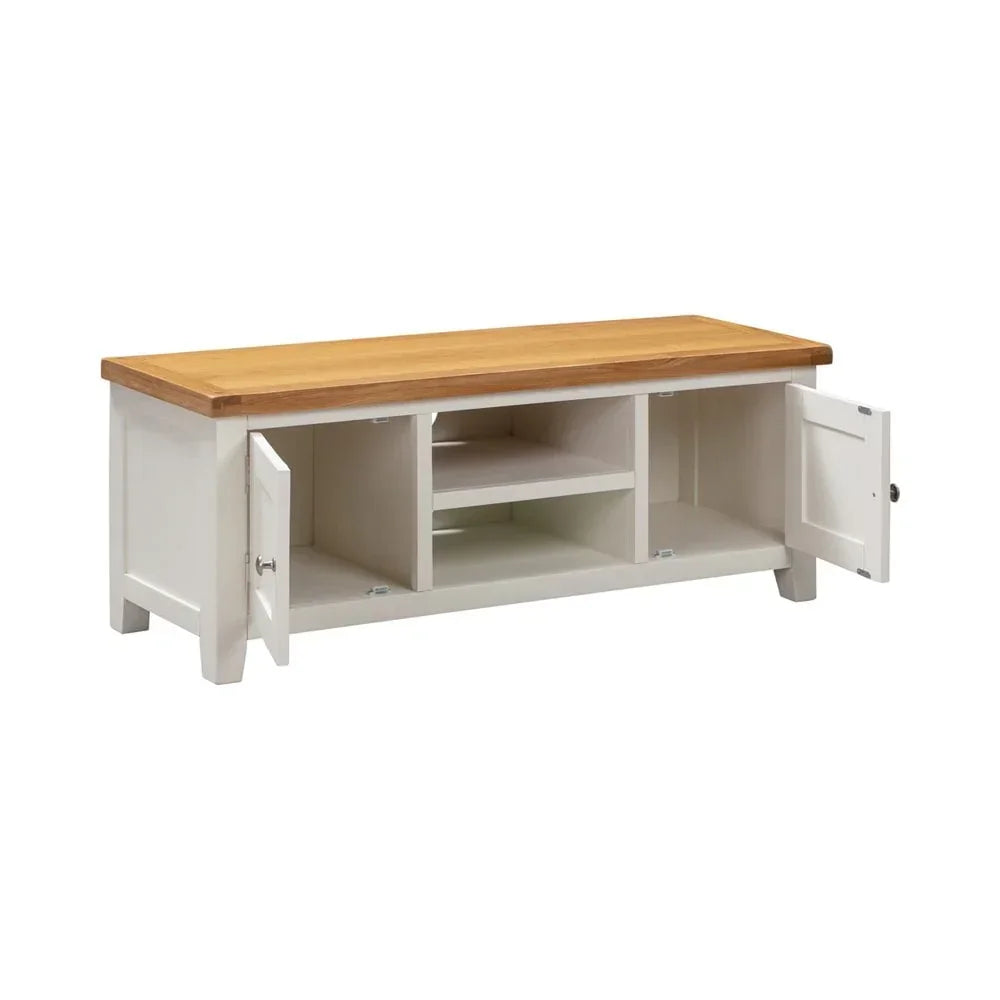 White painted TV unit with oak top, open shelves and two side cupboards