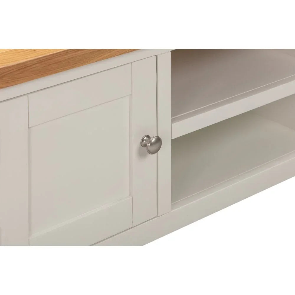 White sideboard cabinet with oak top, metal knob handle and open shelving