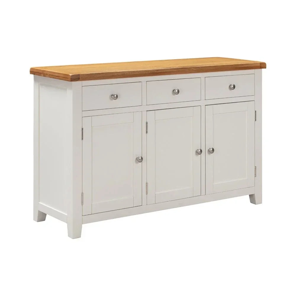White sideboard with oak top, three drawers, and three double-door cabinets