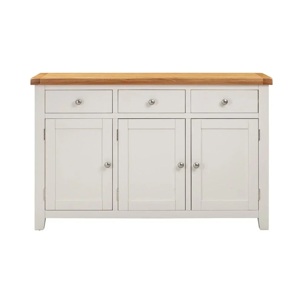 White sideboard with three drawers, three cupboard doors, and oak top