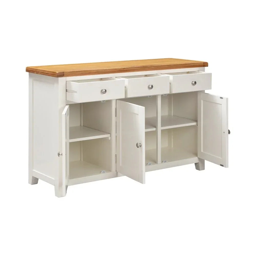 White sideboard with wooden top, three drawers, and open cupboard doors showing shelves