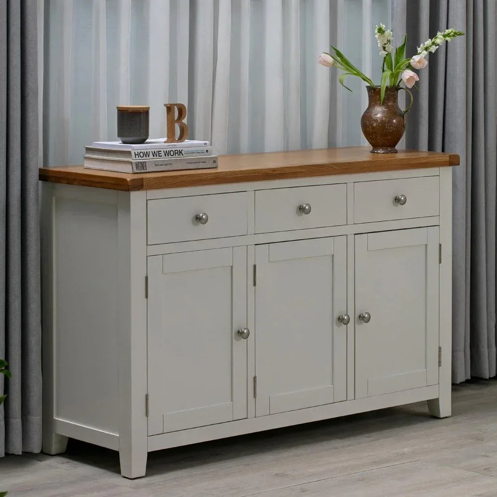 Cream sideboard with oak top, three drawers, and cabinet doors in modern living room