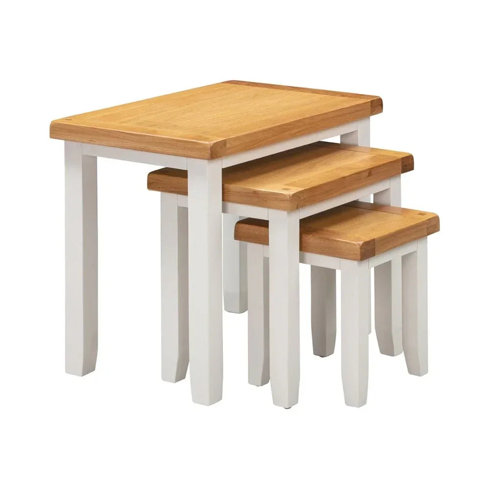 Oak top nesting tables with white legs, set of three wooden tables stacked together