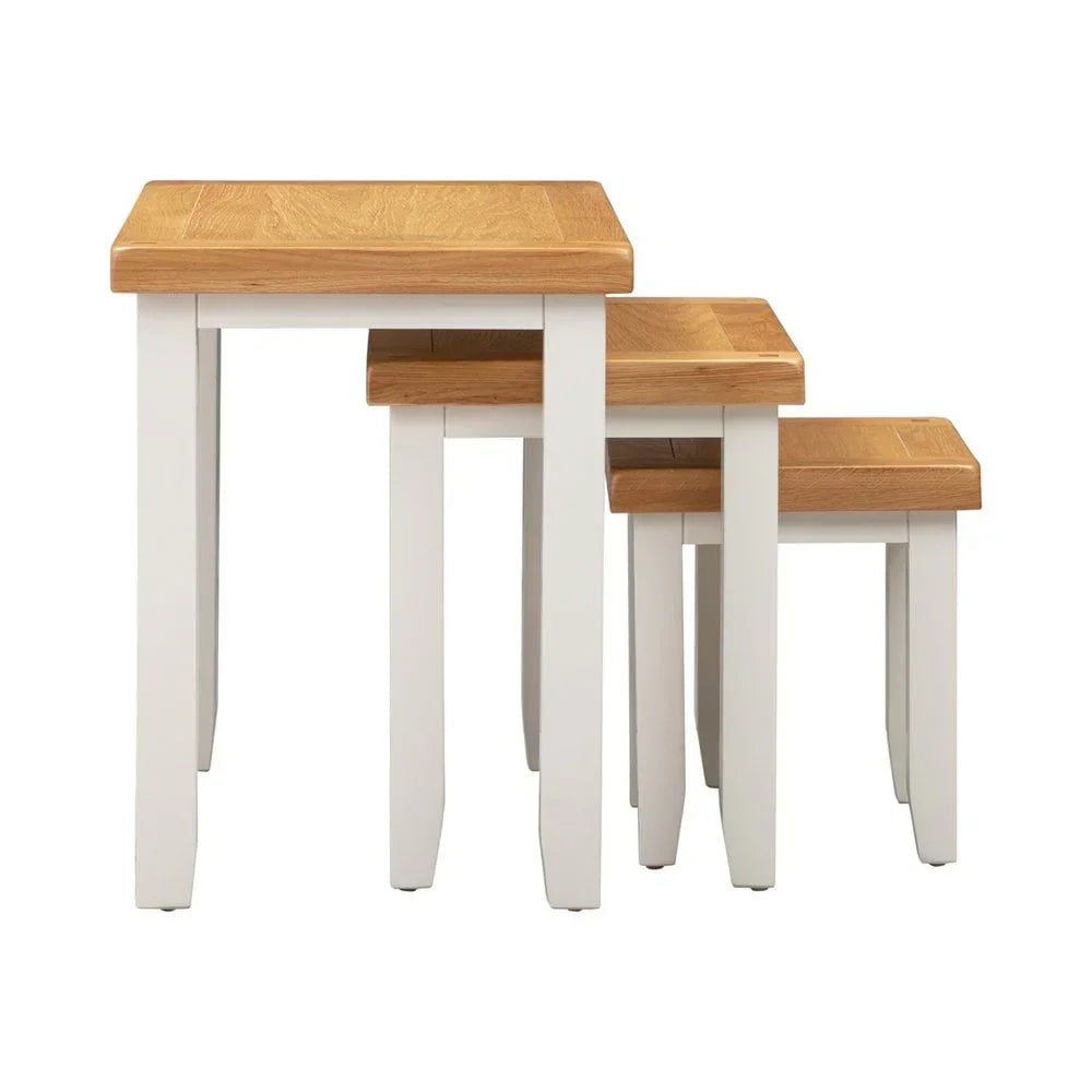 Oak and white nesting tables set of three with square tops and straight legs