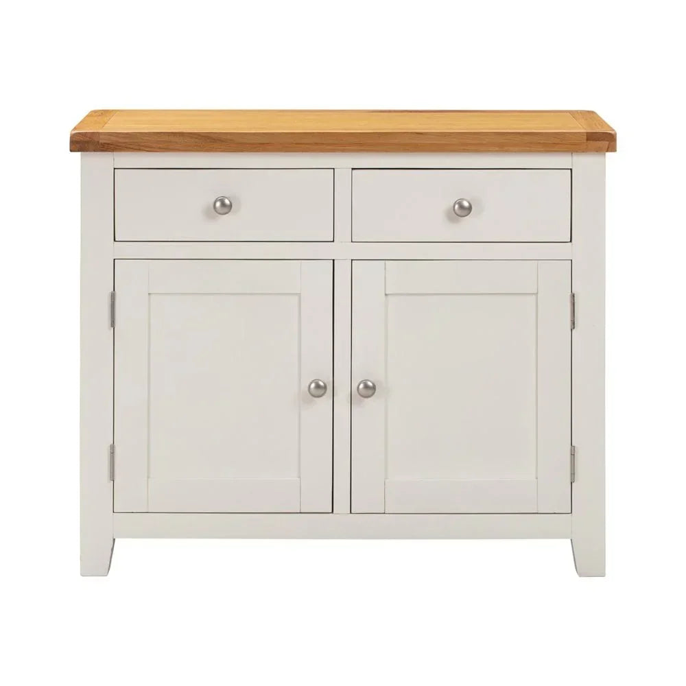 White wooden sideboard with oak top, two drawers, and double door cabinet front view