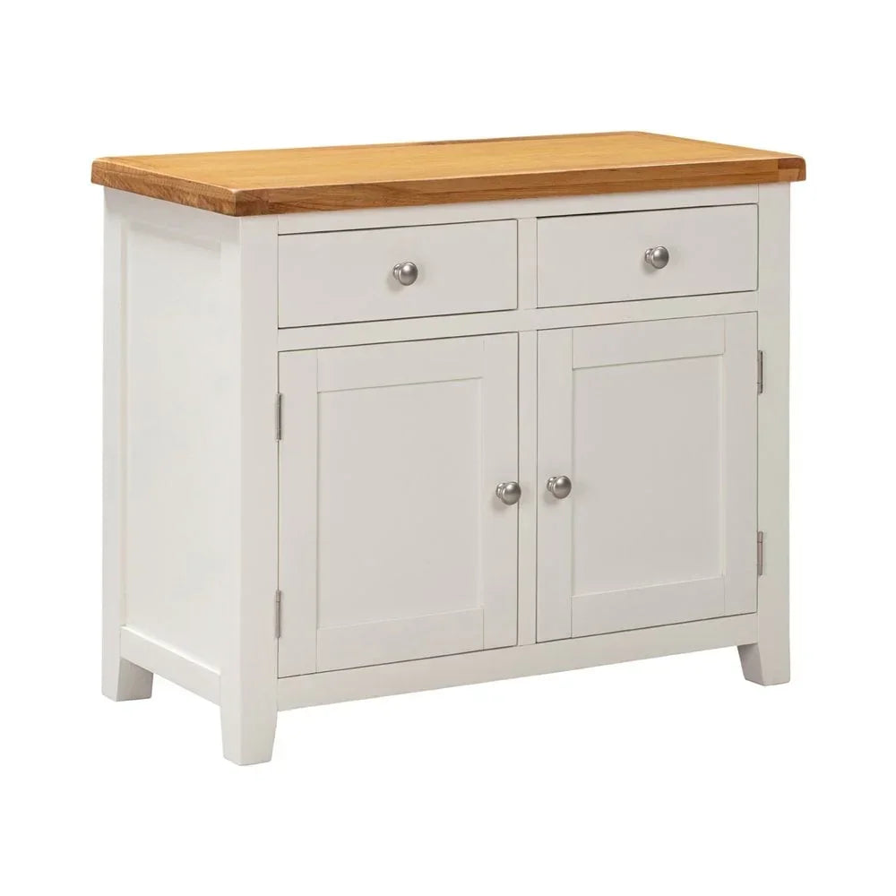 White sideboard with oak top, two drawers and two cupboard doors, front view