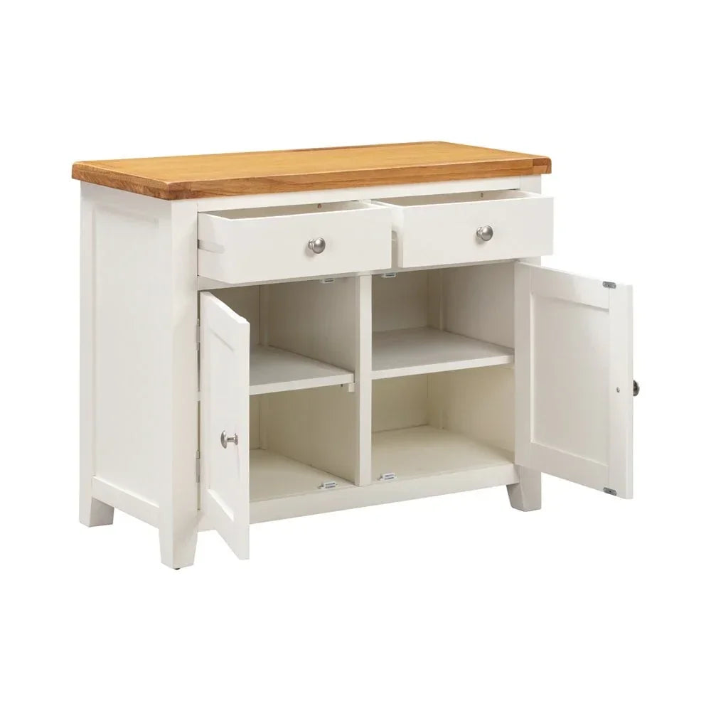 White sideboard with oak top, open drawers and doors showing internal storage shelves