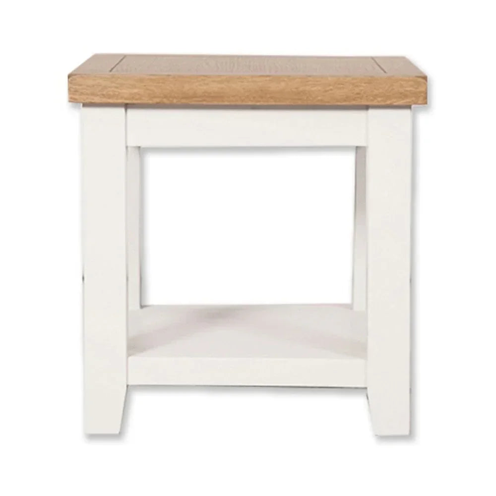 White painted side table with oak top and lower storage shelf, front view