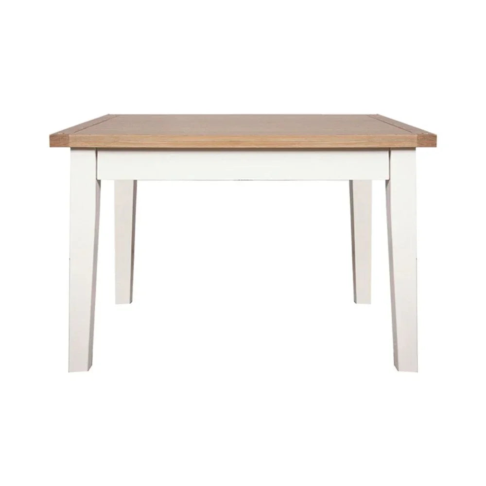 Rectangular dining table with white legs and natural wood top, front angle view