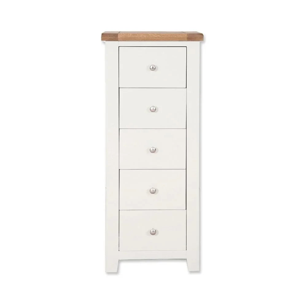 White wooden tallboy chest with five drawers and oak top