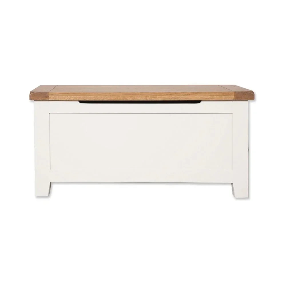 White wooden storage bench with oak lift-top lid, front view