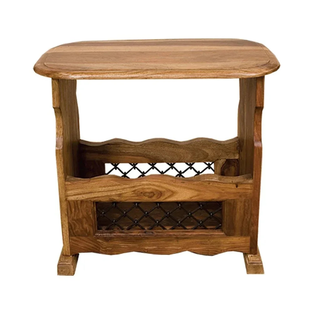 Solid wood magazine rack side table with lattice shelf and smooth finish