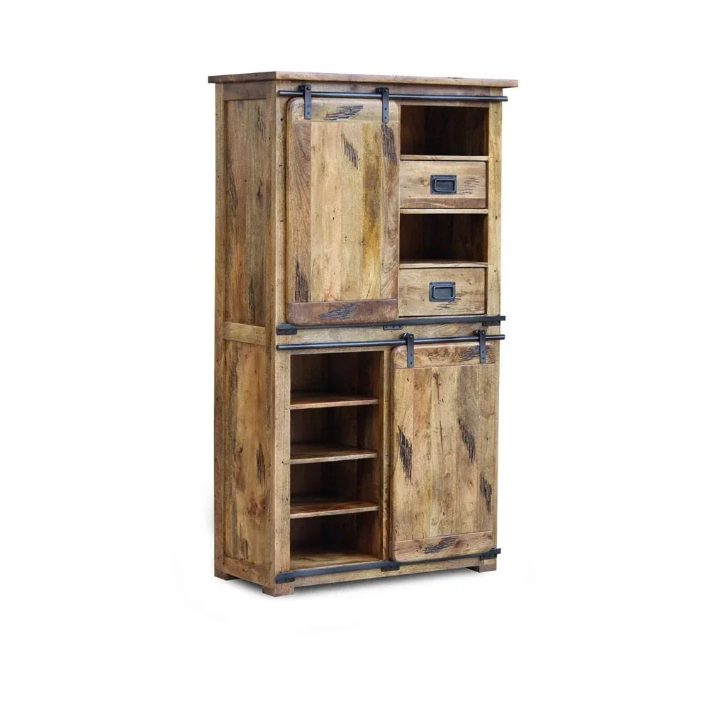 Rustic wooden storage cabinet with sliding doors, drawers, and open shelves