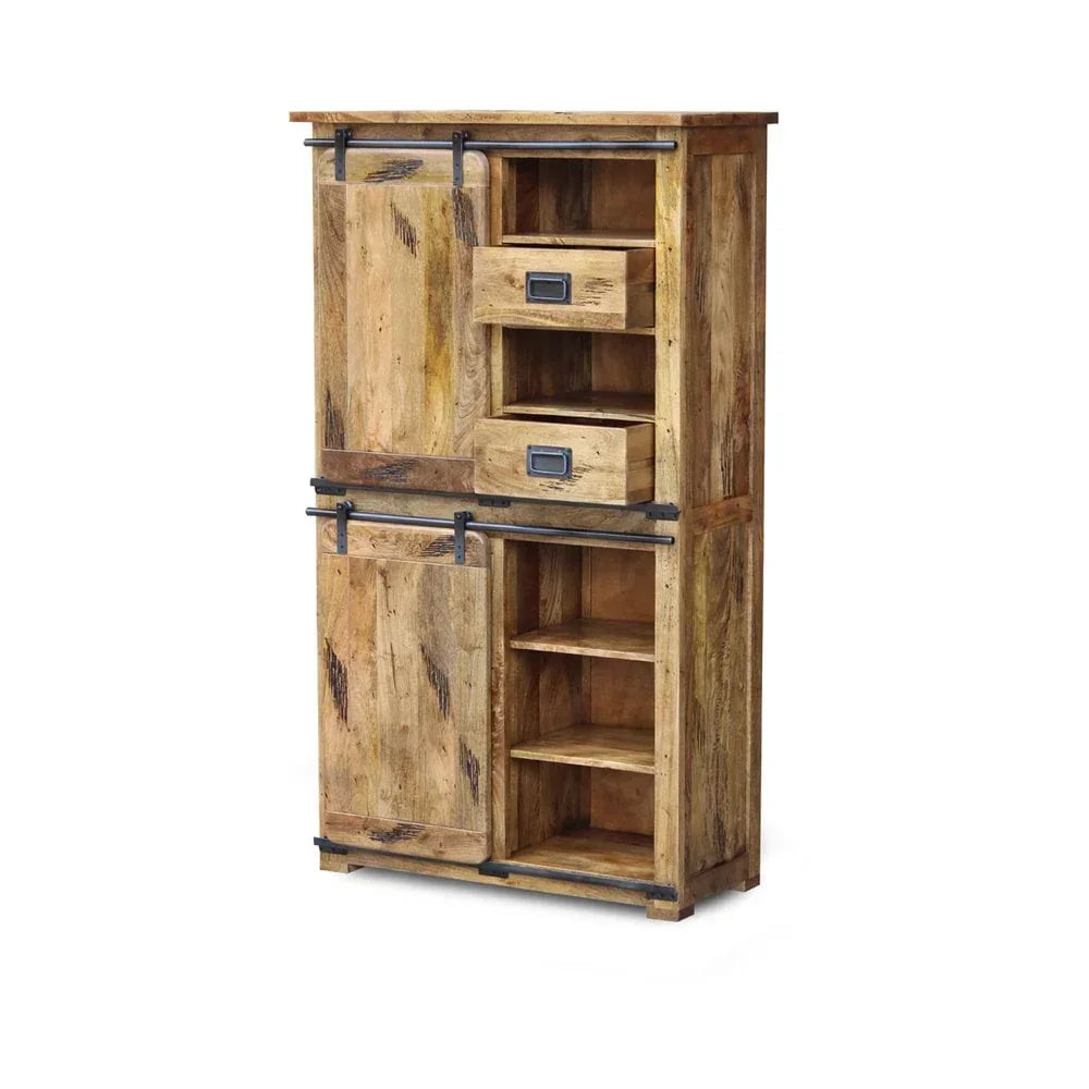 Rustic wood storage cabinet with sliding doors, two drawers, and open shelving