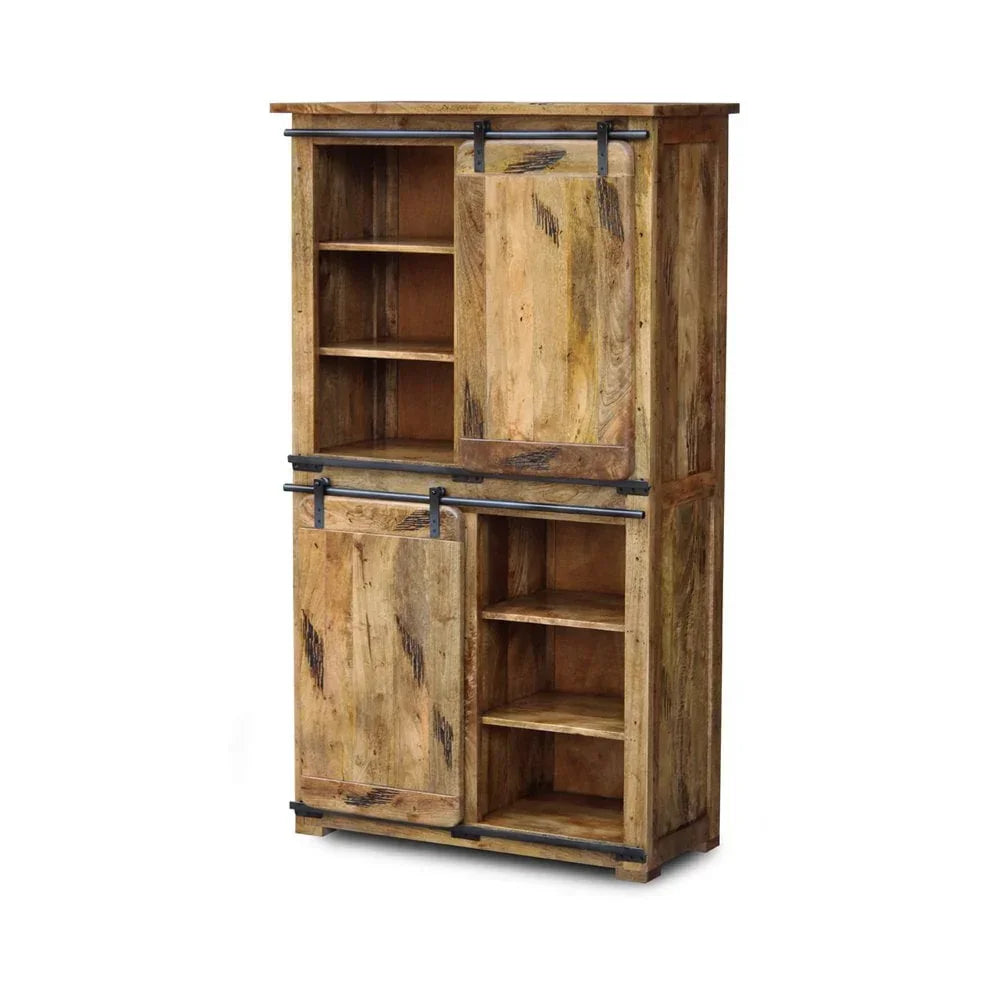 Rustic wooden cabinet with sliding barn doors and multiple storage shelves