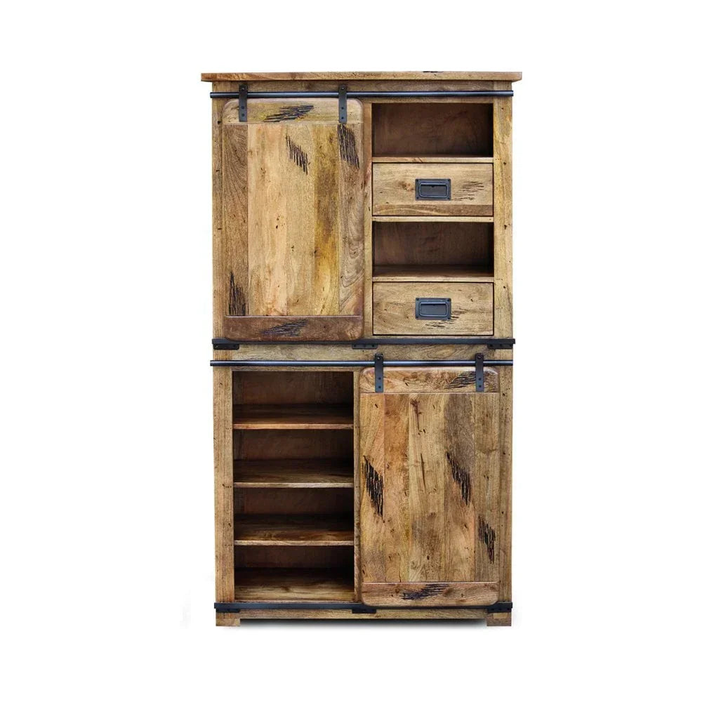 Rustic wooden storage cabinet with sliding doors, open shelves, and metal handles