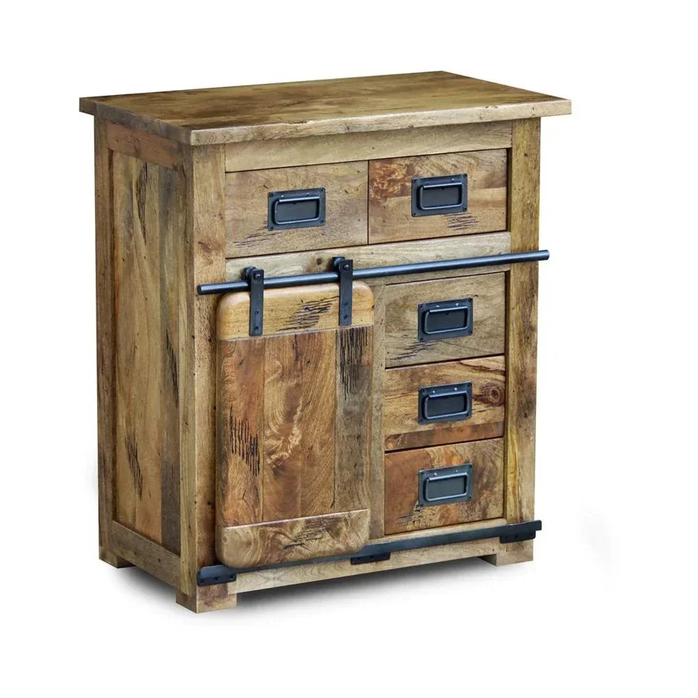 Rustic wood sideboard with metal sliding barn door and five drawers, industrial handles