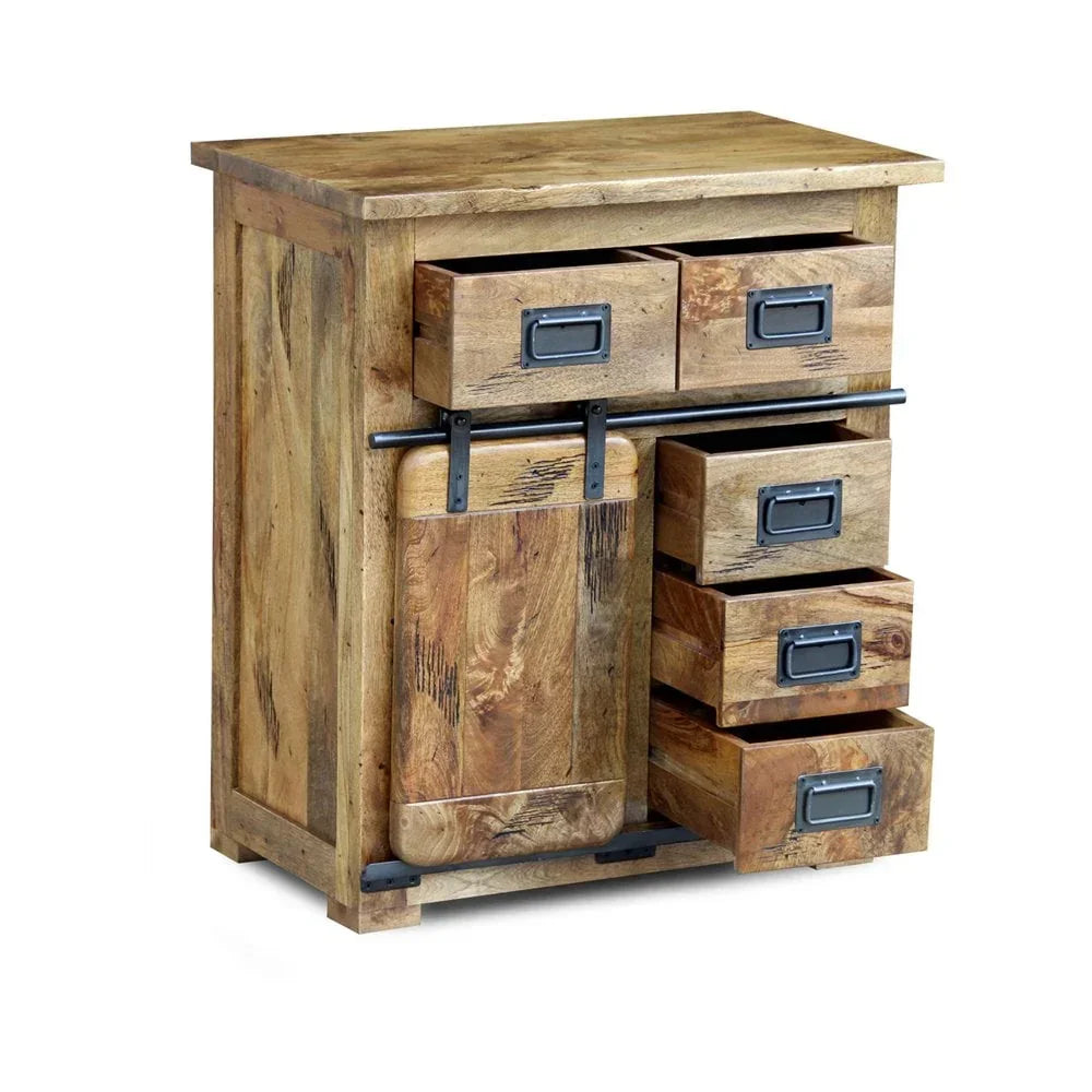 Rustic wooden storage cabinet with sliding barn door and five metal handle drawers