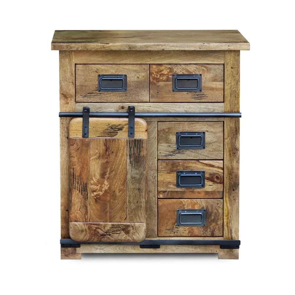 Rustic wooden sideboard with sliding barn door and black metal handles, five drawers