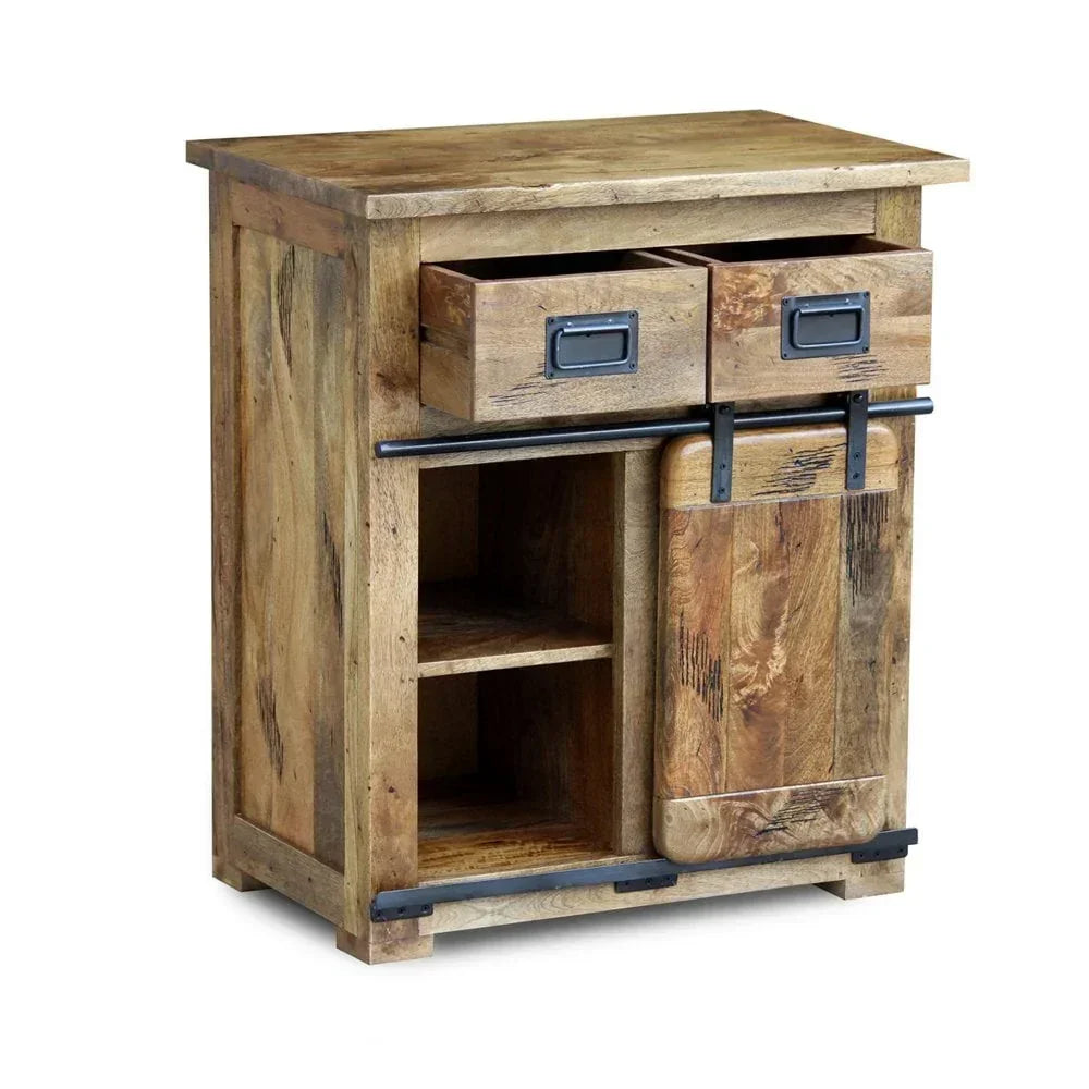 Rustic wood sideboard with two drawers, sliding barn door, and open shelving
