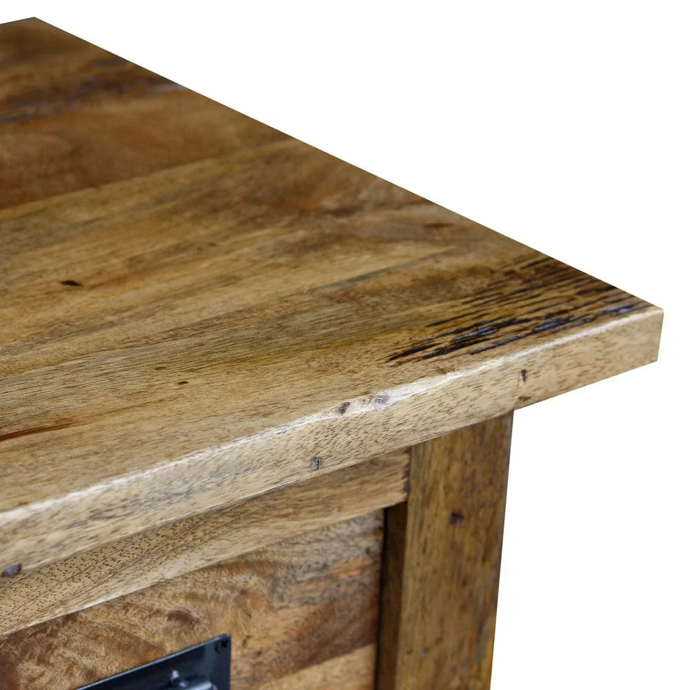 Corner detail of solid wood furniture with natural grain and smooth finish