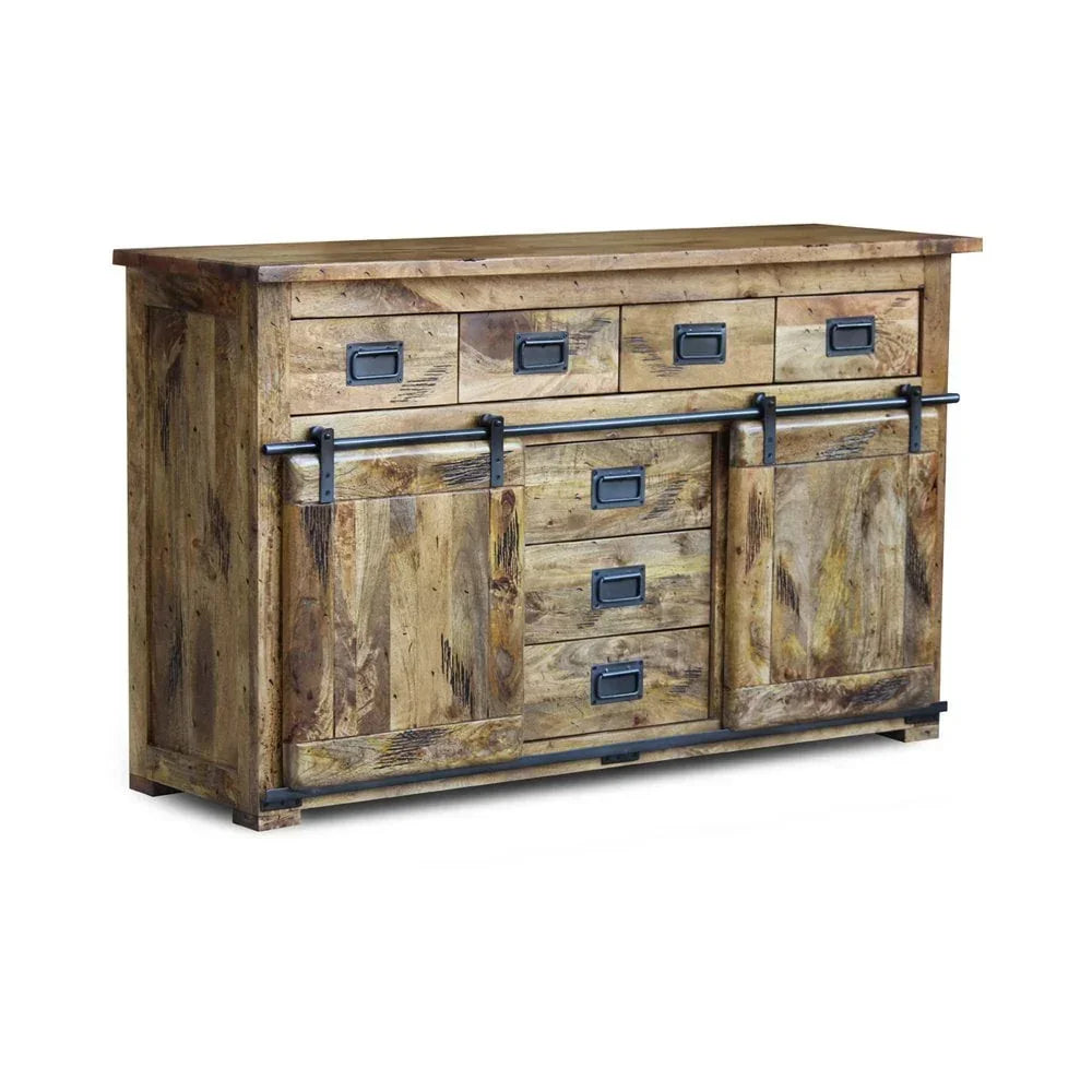 Rustic wooden sideboard with metal handles and sliding barn doors, six drawers visible