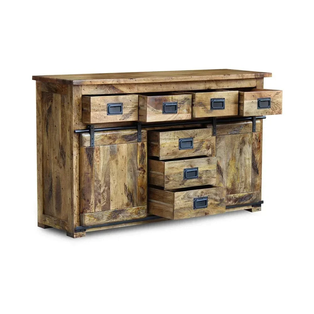 Rustic wooden sideboard with multiple drawers and sliding barn door, metal handles