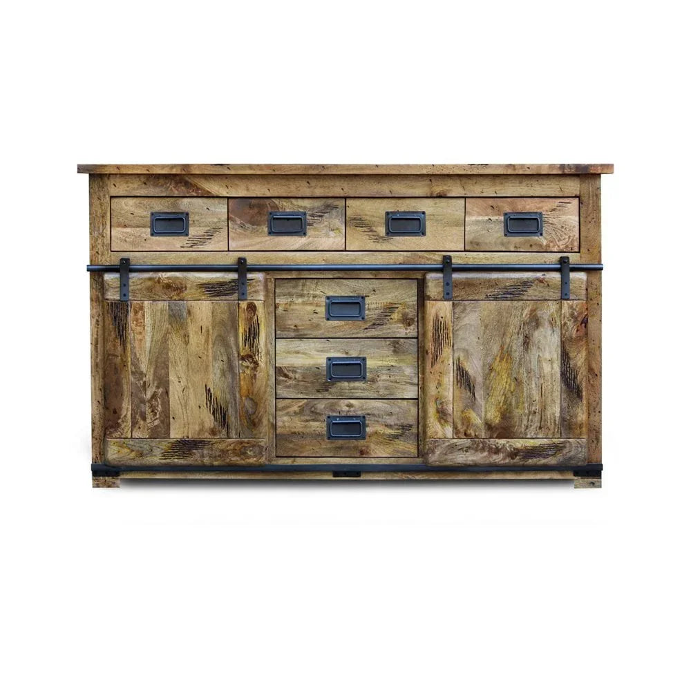 Rustic wooden sideboard with sliding barn doors and metal handles, eight drawer storage