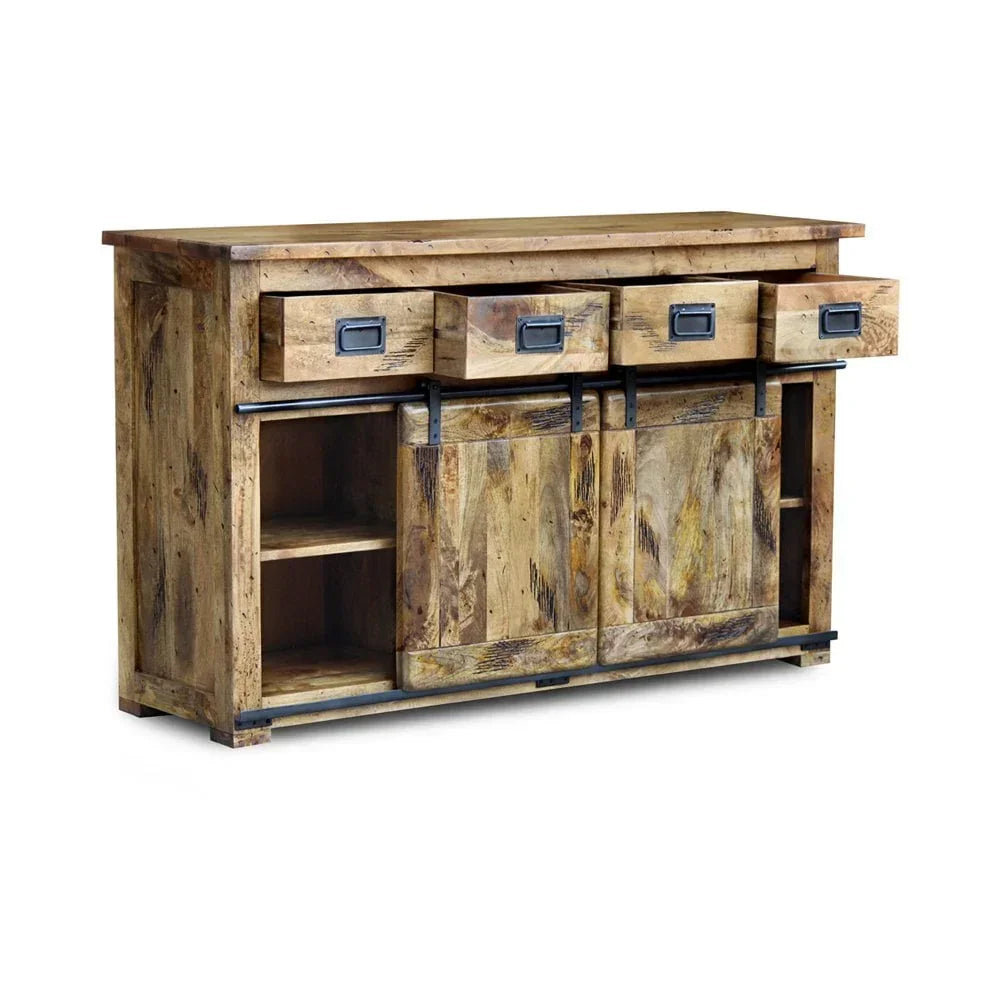 Rustic wood sideboard with four drawers, sliding barn doors, and open storage shelves