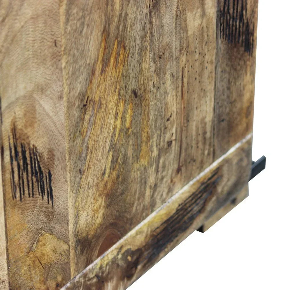 Closeup of solid wood furniture panel with natural grain and rustic finish