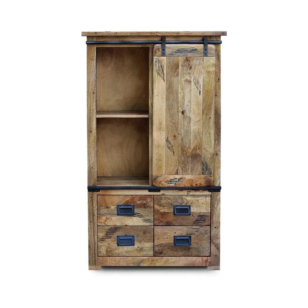 Rustic wooden storage cabinet with sliding door and four drawers