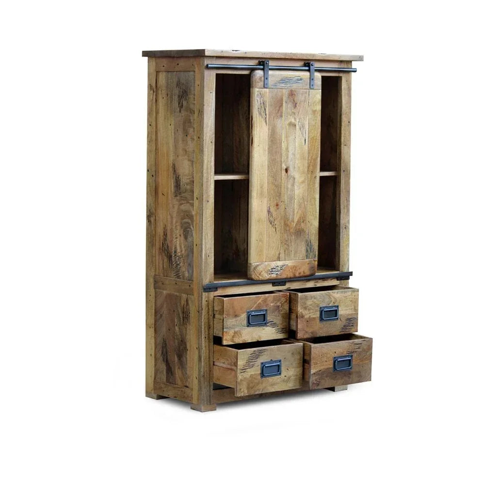 Rustic wooden storage cabinet with sliding door and four open drawers