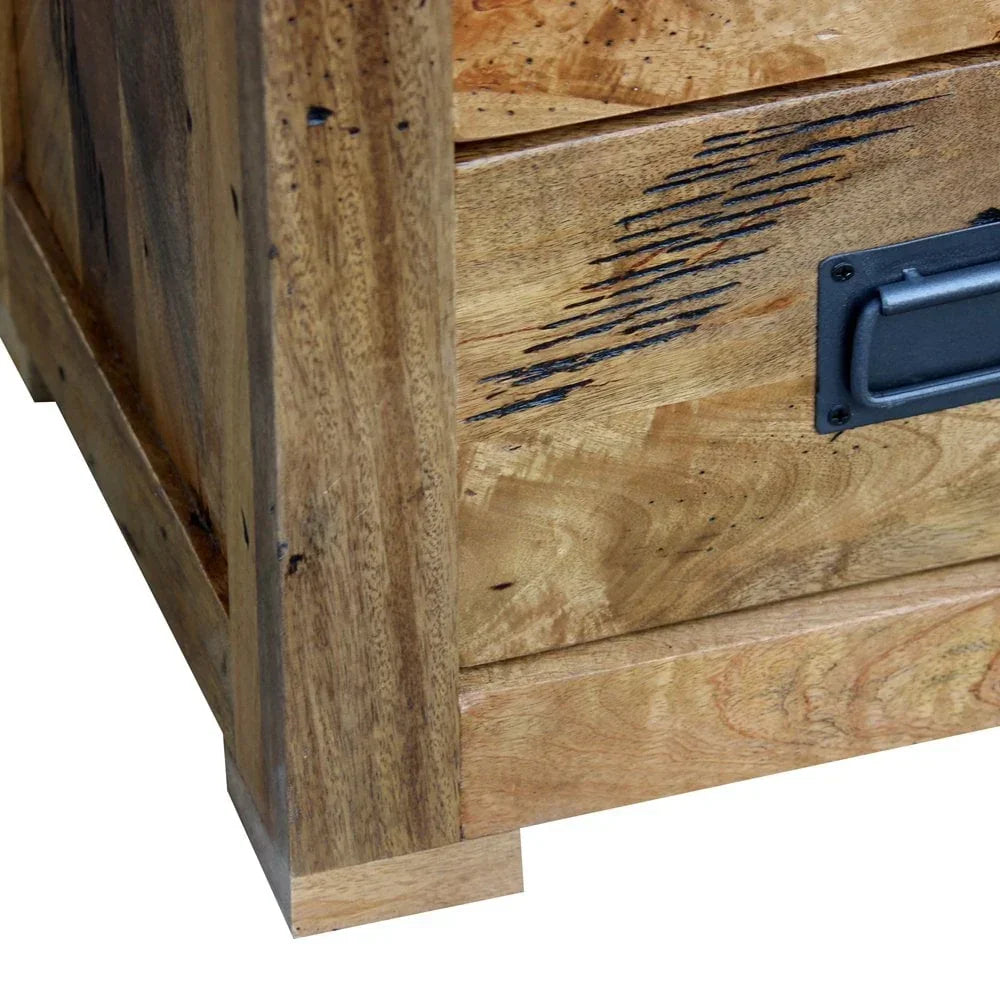 Mango wood drawer unit corner with metal handle and rustic carved detailing