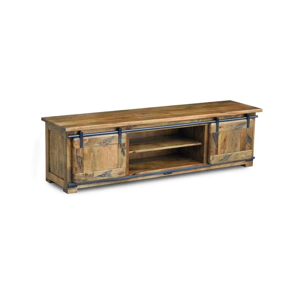 Rustic wooden TV unit with sliding barn doors and open shelves, industrial metal accents