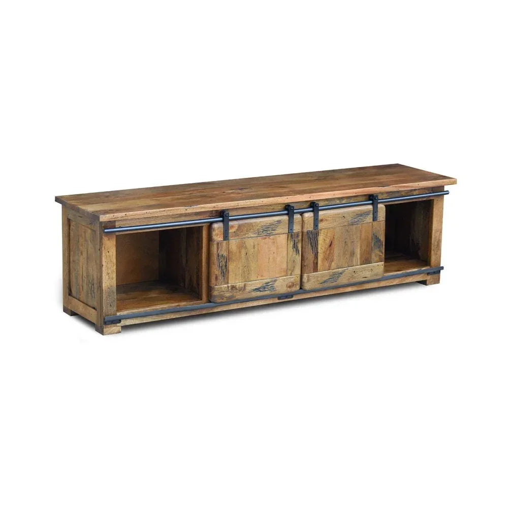Rustic wooden TV unit with sliding barn doors and open shelves, natural finish