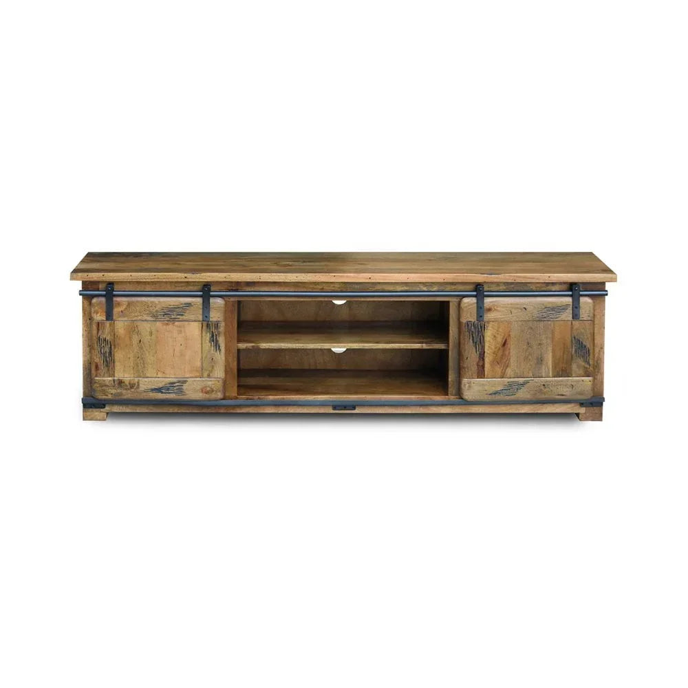 Rustic wooden TV unit with sliding barn doors and open shelving, front view