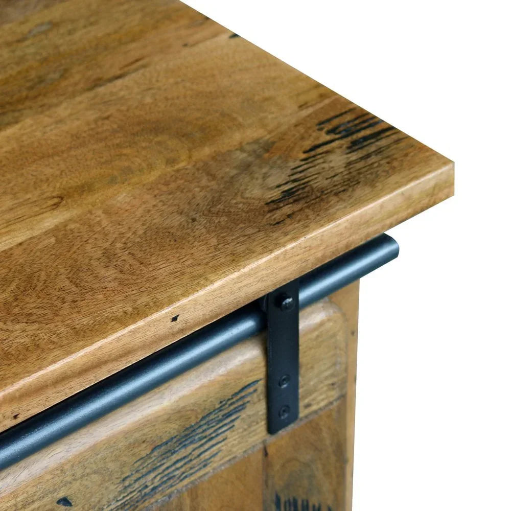 Closeup of rustic wood furniture corner with black metal handle and natural grain detail