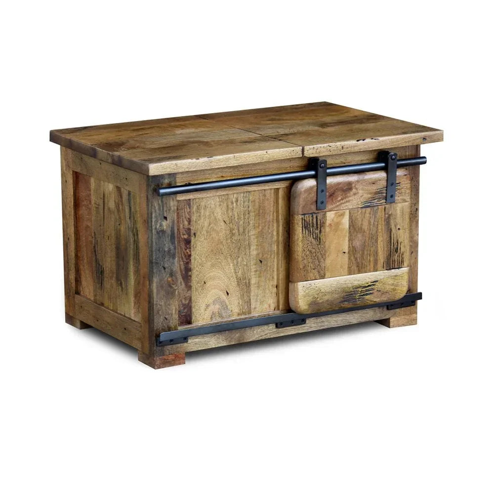 Rustic wooden coffee table with metal sliding barn door and natural finish